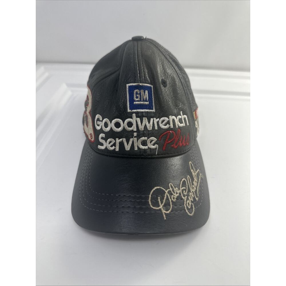 Vintage Dale Earnhardt Leather Hat Goodwrench Service Plus NASCAR Strap Back Cap